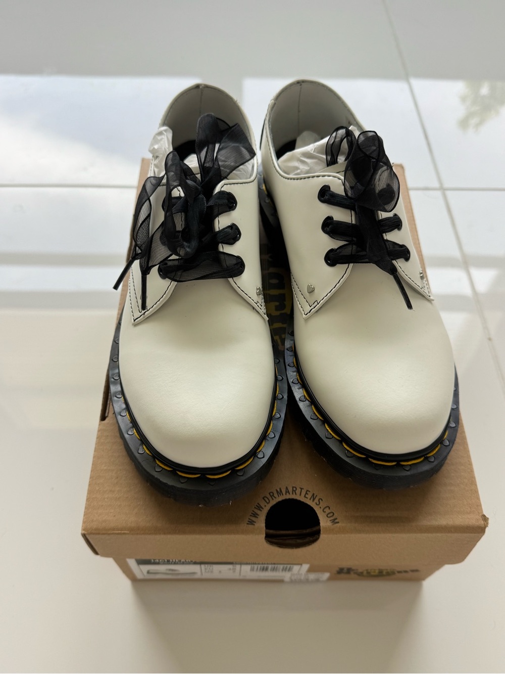 Dr. Martens Hearts White Lace-Up Shoes with Black Patent Heart Accent